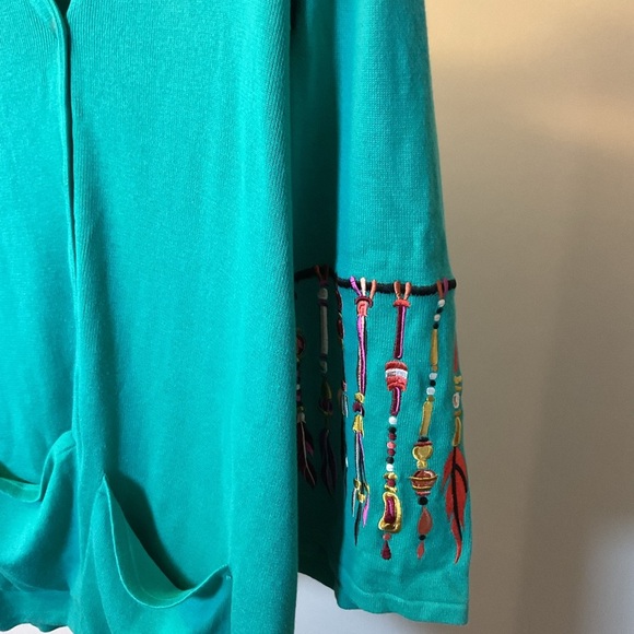 16. Bob Mackie Teal Button-Up Cardigan with Embroidered Dream Catchers Size 2X - Picture 2 of 6